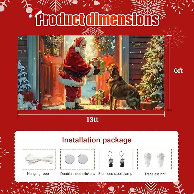 HOMETITUTE Christmas 13x6ft Garage Door Banner Santa Claus Dog Gift Scene Winter Night Holiday Porch Backdrop Indoor Outdoor Wall Background Decor Festive Family Celebration Display Party