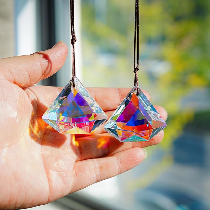 H&D HYALINE & DORA 1.9" Crystal Prisms Sun Catcher Set of 2 AB Colored Suncacther Indoor Window Prisms Suncatcher,Hanging Crystals for Windows Home Garden Decor