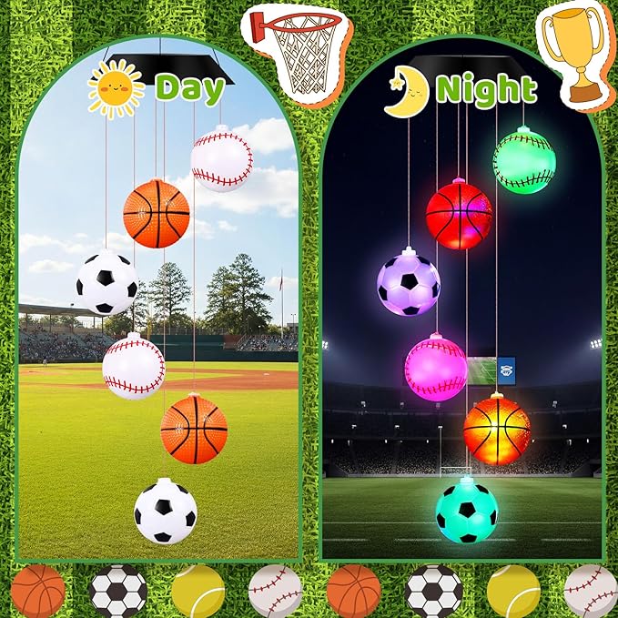 GlikCeil Sports Ball Solar Wind Chimes 27.5inch Sports Decorations Outside Waterproof Hanging LED for Yard, Porch, Patio, Party, Color Changing Lights