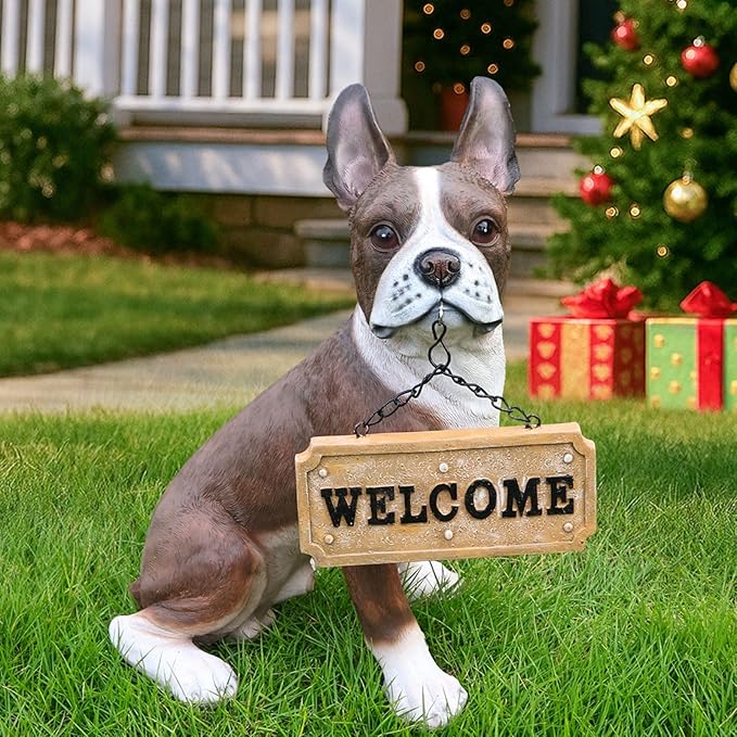 Outdoor French Bulldog Dog Statue with Interchangeable Welcome Sign and Detachable Solar Lantern –LED Light Garden Dog Sculpture Décor, Cute Puppy Design for Yard, Porch, Gift