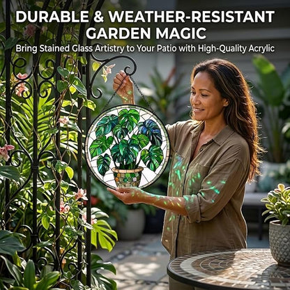 Birthday Gifts for Women - Green Monstera Plant Faux Stained Glass Window Hanging Sun Catcher for Door Garden Acrylic Decor Mother's Day Christmas for Mom Nana Grandma Sisters Wife 9.8"