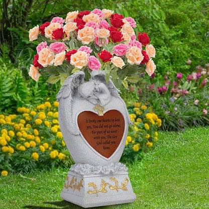 Angel Garden Statue Outdoor Decor, Cemetery Vase with LED, Family Garden Memorial Statue, Crying Angel (White) with Solar Lights