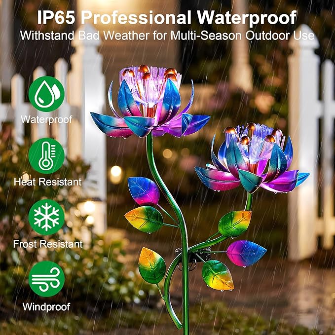 Solar Wind Spinner Outdoor Metal Garden Decor – 2-in-1 Kinetic Double Lotus Flower Stake with Glowing Fiber Optic Lights, Multi-Color Spinning Yard Art Sculpture for Patio, Lawn, and Pathway