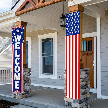 BlissYard 2Pcs Patriotic Decor Welcome Door Banner 4th of July Decorations American Banners Hanging Porch Signs for Independence Memorial Day Veterans Labor Day for Yard Indoor Outdoor Supplies
