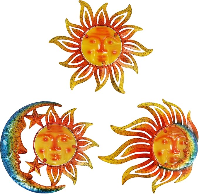 Metal Sun Wall Art Decor,12 Inch Retro Hanging Decor With Glass,Sun Moon Star Valentine Wall Decorations For Patio Yard Garden Fence Living Room Bedroom, Set of 3