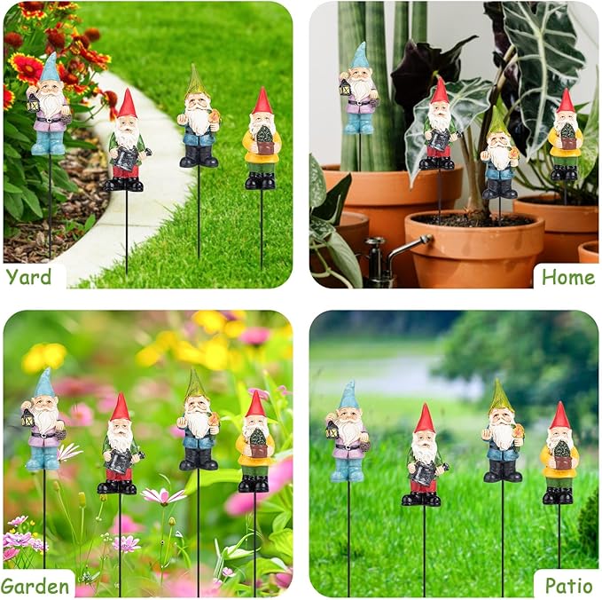 Garden Gnome Statue, Resin Miniature Gnome Set of 4PCS, Figurine with Garden Stakes for Lawn Patio Yard Outdoor Home Decor