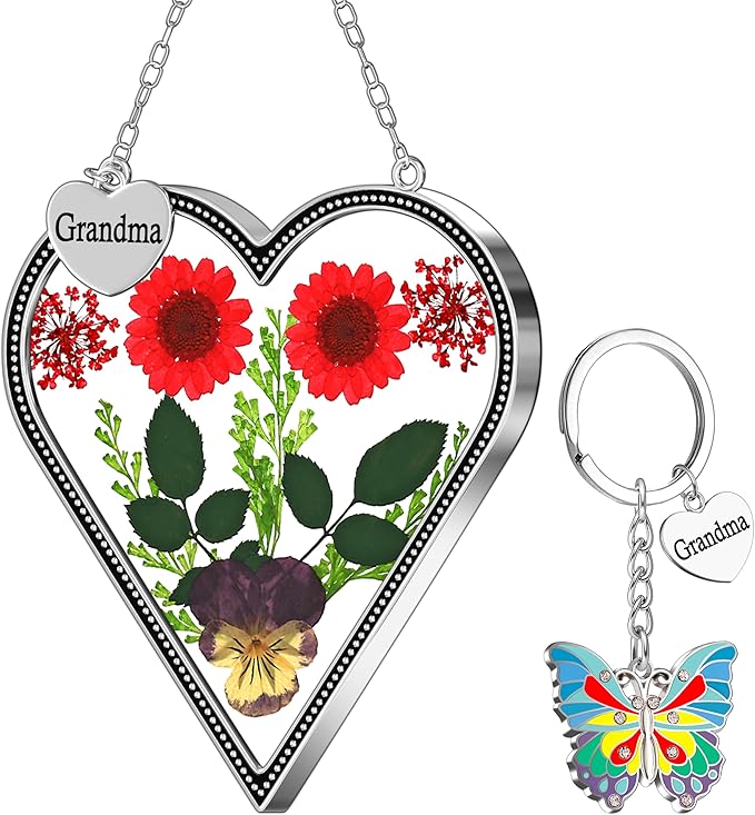 KY&BOSAM Heart Suncatcher for Windows Hangings Grandma Gift Stained Glass Butterfly Suncatcher Pressed Flower Between Heart in Glass Metal Engraved Charm Gift for Women Mother's Day Birthday Christmas