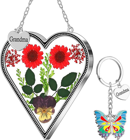 KY&BOSAM Heart Suncatcher for Windows Hangings Grandma Gift Stained Glass Butterfly Suncatcher Pressed Flower Between Heart in Glass Metal Engraved Charm Gift for Women Mother's Day Birthday Christmas