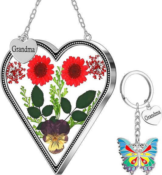 KY&BOSAM Heart Suncatcher for Windows Hangings Grandma Gift Stained Glass Butterfly Suncatcher Pressed Flower Between Heart in Glass Metal Engraved Charm Gift for Women Mother's Day Birthday Christmas