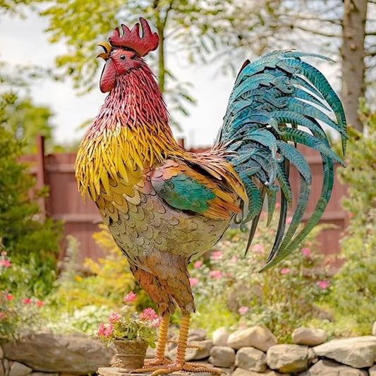 Large Flat Metal Rooster Yard Art, 12 Inch 2D Outdoor Chicken Sculpture Figurines, Garden Statues Outdoor Clearance, Metal Yard Art, for Farm Patio Lawn Back Yard Home Decorations (A)