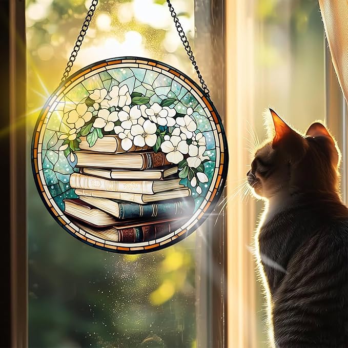 VAIIEYO Books Sun Catcher Stained Glass Window Hanging Ornament, Handmade Sun Catcher Flower Decoration with Hooks for Window Garden Home, Mother's Day & Birthday Housewarming Gift (7.8 inch)