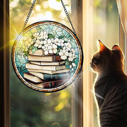VAIIEYO Books Sun Catcher Stained Glass Window Hanging Ornament, Handmade Sun Catcher Flower Decoration with Hooks for Window Garden Home, Mother's Day & Birthday Housewarming Gift (7.8 inch)