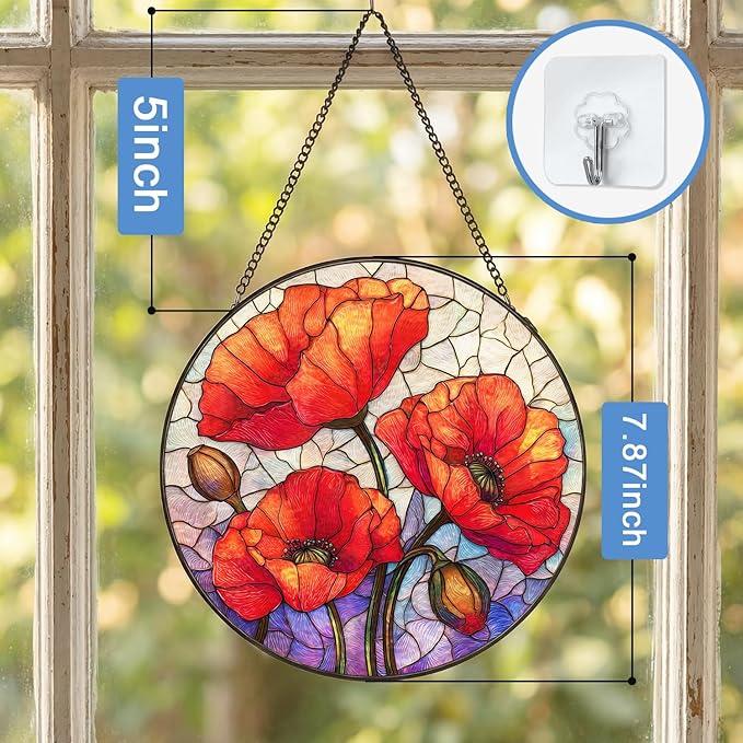 Stained Glass Sun Catcher Window Hanging - Red Poppy Floral Design, Indoor Decor Gifts for Mother's Day, Birthday, Christmas - Perfect for Women, Men, Mom Home Window Decor (Red) 7.8in