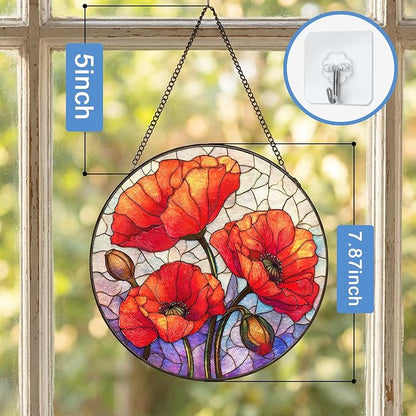 Stained Glass Sun Catcher Window Hanging - Red Poppy Floral Design, Indoor Decor Gifts for Mother's Day, Birthday, Christmas - Perfect for Women, Men, Mom Home Window Decor (Red) 7.8in
