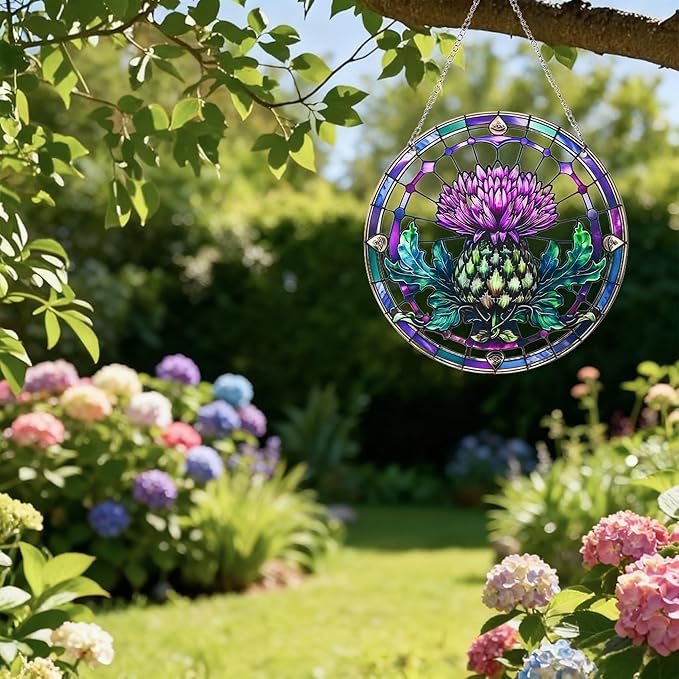 2 Pack Acrylic Thistle Window Hanging, 8in Scottish Symbol Stained - Style Decor, Suncatcher Ornament for Home Wall & Window, Ideal Gift for Celtic Culture Lover
