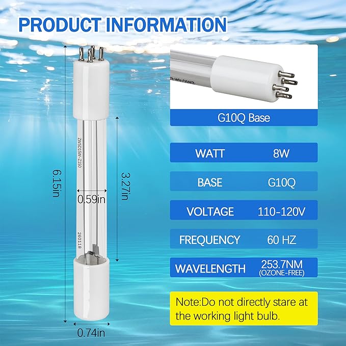 Replacement UV Bulb for Pond Filter, UV Clarifier Light for Green Water (8W 1 Pack)