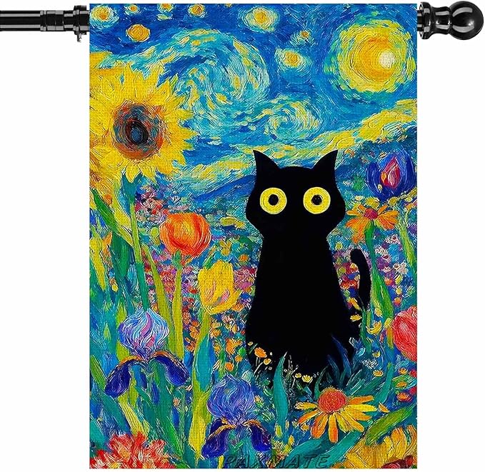 Oil Painting Starry Night Sky Moon Cat Flowers Spring House Flag 28x40 Inch Double Sided Large Burlap Yard Flag Seasonal Farmhouse Outdoor Outside Holiday Decoration