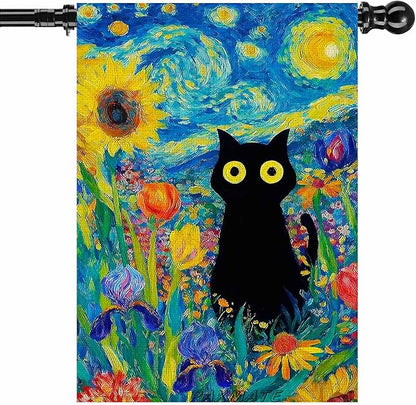 Oil Painting Starry Night Sky Moon Cat Flowers Spring House Flag 28x40 Inch Double Sided Large Burlap Yard Flag Seasonal Farmhouse Outdoor Outside Holiday Decoration