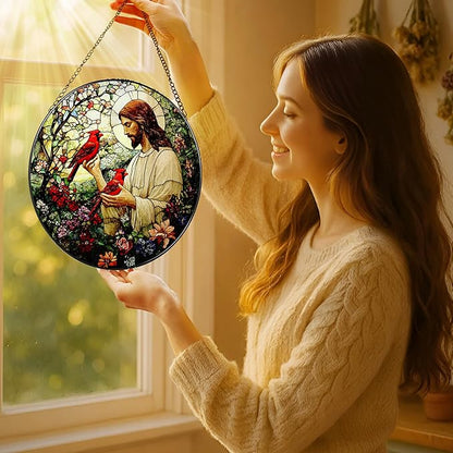 8-Inch Jesus with Cardinals Suncatcher Ornament, Stained Glass Window Hanging & Religious Christmas Ornament, Christian Window Decor — Memorial Gift, Christian Gifts for Her, Religious Gifts