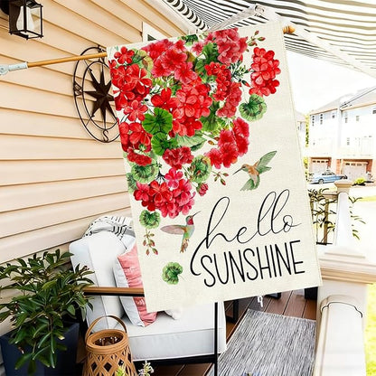 Baccessor Spring House Flag 28 x 40 Inch, Red Geranium Floral Double Sided Burlap Welcome Large Yard Flag Seasonal Holiday Lawn Proch Outdoor Outside Decor