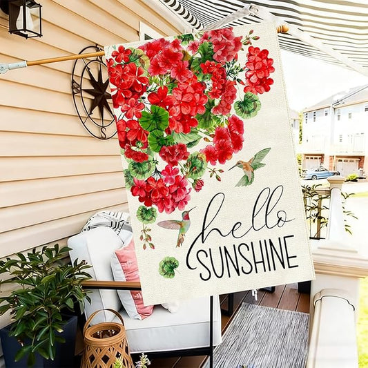 Baccessor Spring House Flag 28 x 40 Inch, Red Geranium Floral Double Sided Burlap Welcome Large Yard Flag Seasonal Holiday Lawn Proch Outdoor Outside Decor