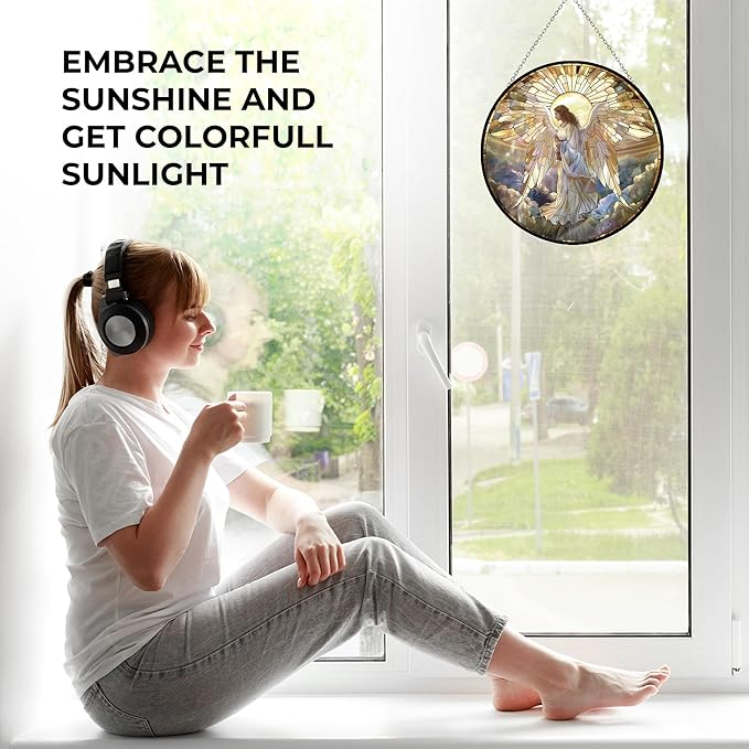 Angel Mushroom Suncatcher Stained Glass Window Hanging, 12'' Hand-Painted Floral Sun Catcher Window Wall Decor with Chain, Birthday Gifts for Mom Grandma Wife