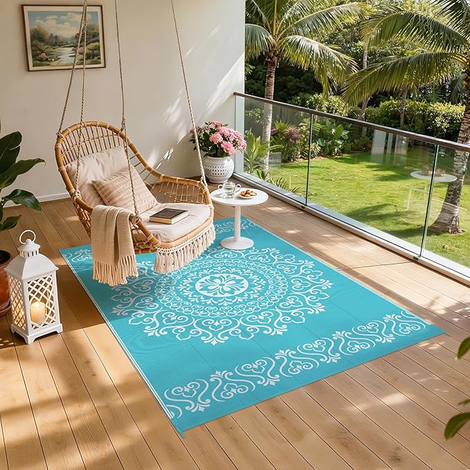 Pauwer Waterproof Outdoor Rug 5x8, Reversible Plastic Straw Patio Camping Rug, Indoor Outdoor RV Mat Carpet for Deck, Camper, Porch, Balcony, Backyard, Picnic, Floral Teal