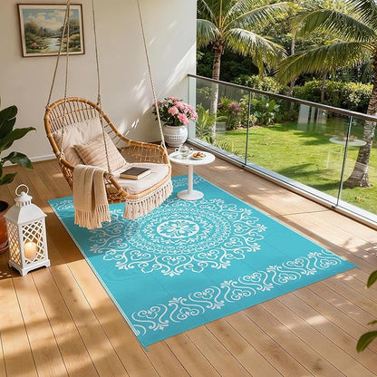 Pauwer Waterproof Outdoor Rug 5x8, Reversible Plastic Straw Patio Camping Rug, Indoor Outdoor RV Mat Carpet for Deck, Camper, Porch, Balcony, Backyard, Picnic, Floral Teal
