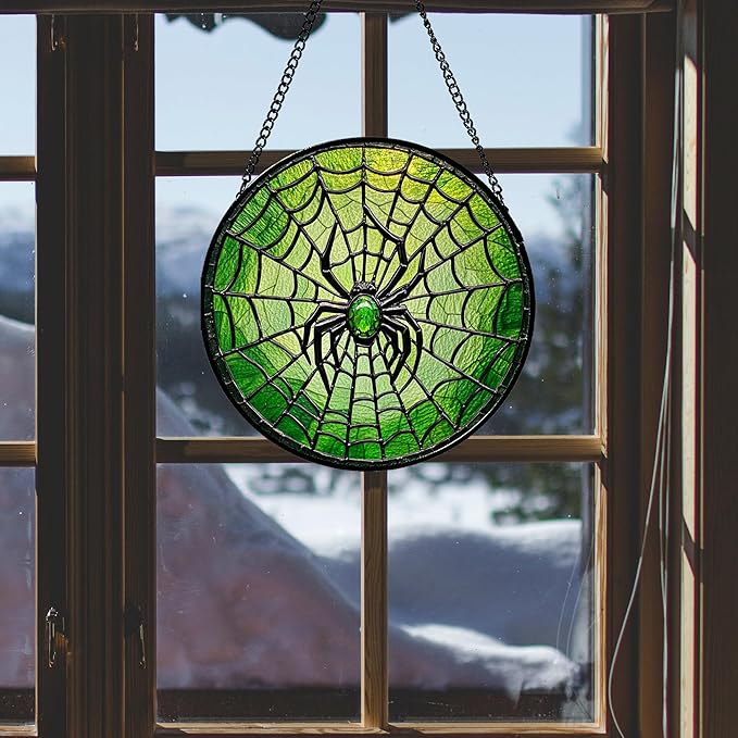 Stained Glass Window Hanging - Black Green Horror Spider Web Suncatcher for Doors Garden Patio Sun Catchers Decor Christmas Halloween Birthday Gifts for Women Men Mom Nana Friend 9.8 in