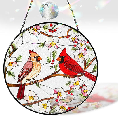 6" Cardinal Bird Stained Glass Suncatchers Art Glass Birds and Flowers for Sun Catcher Indoor Window Gifts for Women Mom Grandma Nature Floral Lovers Friend Painted Panel Décor BIRD-22B-SG6