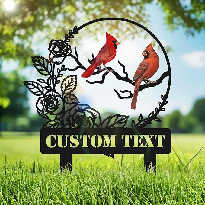 Personalized Garden Name Signs with Stake, Custom Red Bird Metal Decor Decorative Outside, Yard Outdoor Art Gift for Mom Grandmother, Patio House Warming Gifts New Home