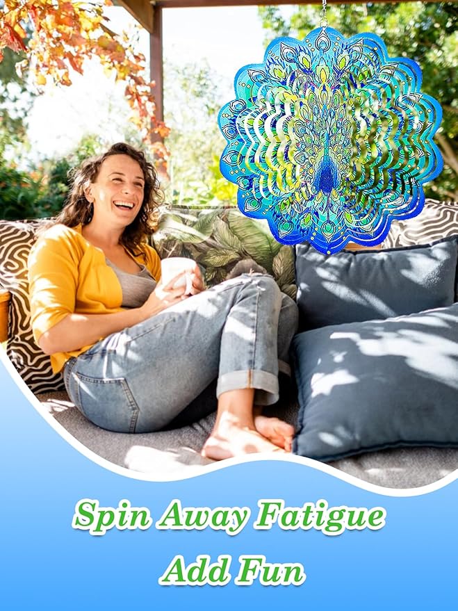 Peacock Wind Spinners Outdoor Garden Decor for Outside - 12 Inch 3D Stainless Steel Metal Wind Spinners - Peacock Gardening Gifts for Women, Yard Decorations Outdoor Hanging Decor