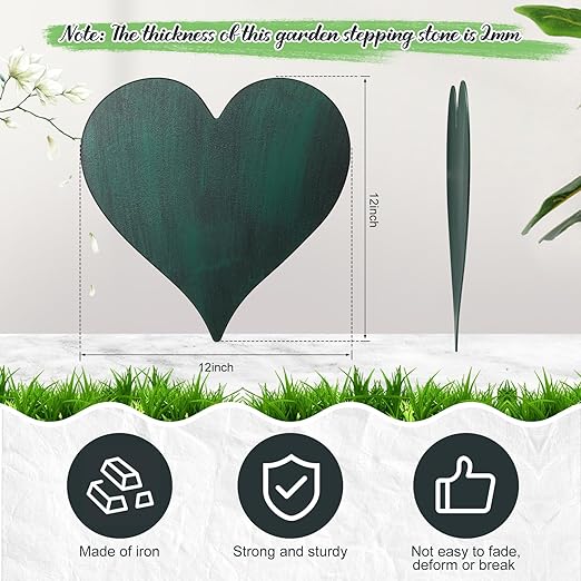 Tandefio 3 Pcs Heart Garden Stepping Stones Brown Cast Iron Stepping Stones Rustic Style Outdoor Stones for Garden Walkway Outside Decorative Decor, 12 Inches (Green)