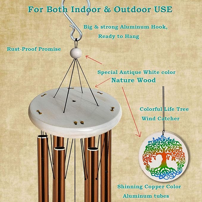 FONMY Wind Chimes Outdoor with Colorful Tree of Life Symbol Memorial Windchimes for Loved One Great Wind Chime Gifts 33 inches Copper Color Garden Home Yard Hanging Decor