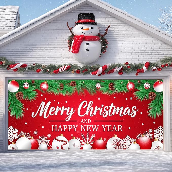 IVN Christmas Garage Door Cover Decoration 13x6ft Red Background Pine Needles White Baubles Snowflakes Merry Christmas Winter Garage Door Banner Home Door Front Yard Decor for Xmas Eve Holiday Outdoor