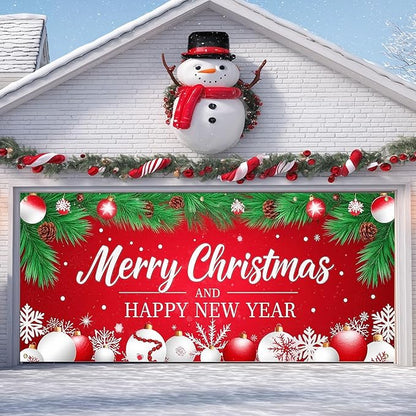 IVN Christmas Garage Door Cover Decoration 13x6ft Red Background Pine Needles White Baubles Snowflakes Merry Christmas Winter Garage Door Banner Home Door Front Yard Decor for Xmas Eve Holiday Outdoor