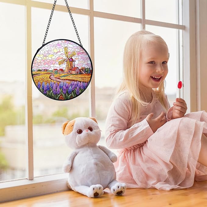Wildflower Windmill Landscape Suncatchers Stained Glass Window Hanging, Cottagecore Flower Sun Catchers Indoor Window Glass Round Wall Decor, Floral Wall Hanging Decorations, 7.9x7.9in