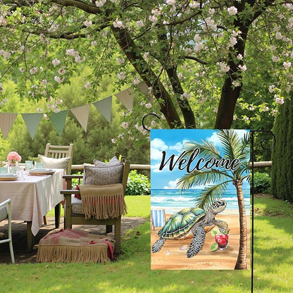 Welcome Garden Flag Sea Turtle Beach Scene Yard Flag Tropical Coastal Summer Double Sided Polyester Ocean Palm Tree Yard Flags for Lawn Porch Patio Nautical Seaside Outdoor Decor 12x18 Inch