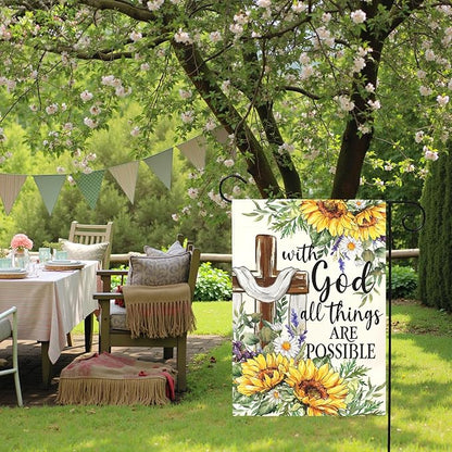 Summer Sunflower Christian Garden Flag with God All Things Are Possible Cross Floral Yard Flags Religious Faith Porch Decor Double Sided Spring Seasonal Front Lawn Decor 12x18 Inch