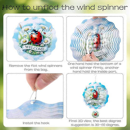 Metal Wind Spinners Outdoor - 3D Ladybug Wind Spinner Flower Yard Decor Kinetic Spinning Hanging Ornaments for Patio Lawn Garden Balcony Chicken Gifts for Women Men Mom Grandma Wife Friends