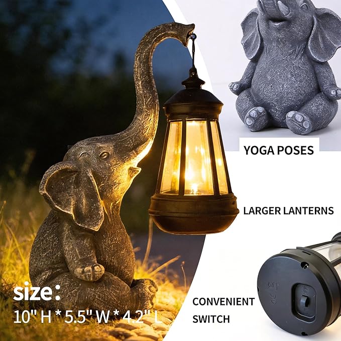 Solar Elephant Statue Outdoor Garden Decor - 10" Resin Elephant Figurine with Hanging Solar Lantern, Waterproof Patio Yard Art, Lucky Elephant Gifts for Women Mom Housewarming