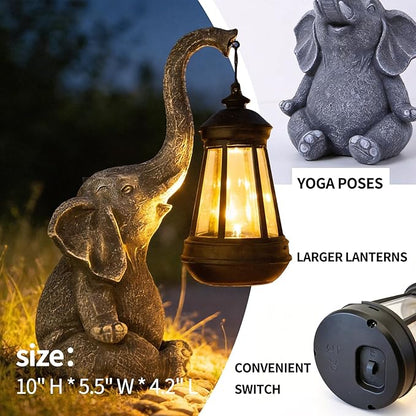 Solar Elephant Statue Outdoor Garden Decor - 10" Resin Elephant Figurine with Hanging Solar Lantern, Waterproof Patio Yard Art, Lucky Elephant Gifts for Women Mom Housewarming