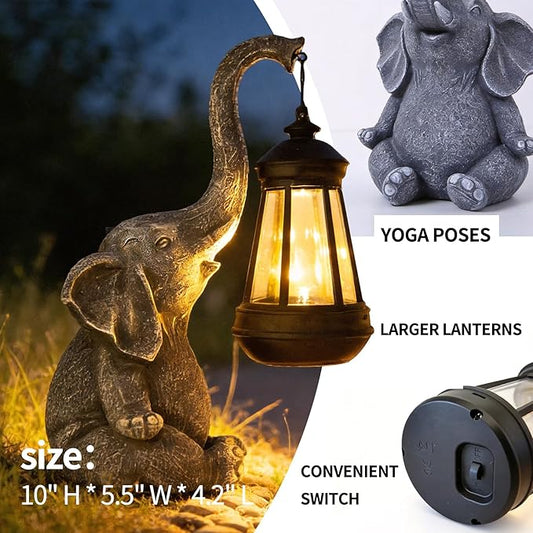 Solar Elephant Statue Outdoor Garden Decor - 10" Resin Elephant Figurine with Hanging Solar Lantern, Waterproof Patio Yard Art, Lucky Elephant Gifts for Women Mom Housewarming