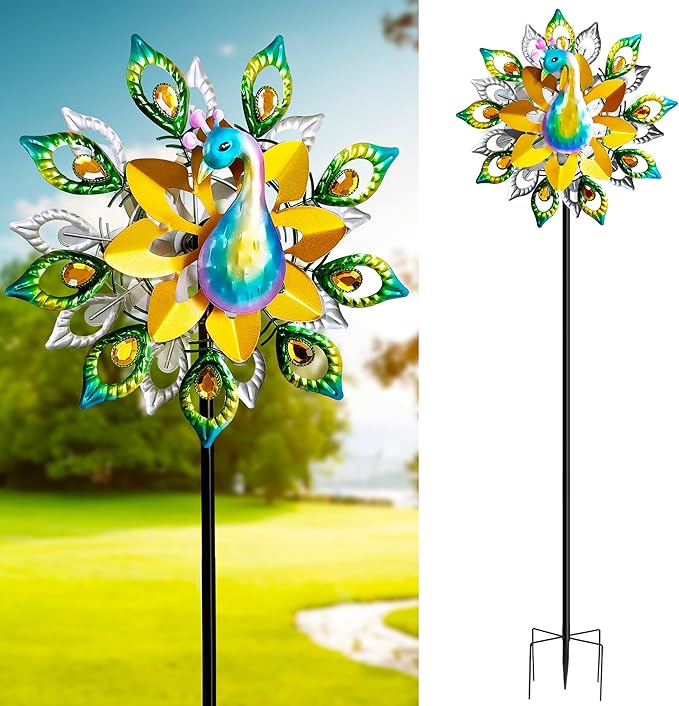 Outdoor Peacock Wind Spinners Featuring Glittering Gem Decor, 13.5" D x 65" H Double Layer Kinetic Wind Sculptures, 360° Rotatable Metal Garden Wind Spinners for Yard and Outdoor Decor Blue