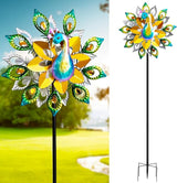Outdoor Peacock Wind Spinners Featuring Glittering Gem Decor, 13.5" D x 65" H Double Layer Kinetic Wind Sculptures, 360° Rotatable Metal Garden Wind Spinners for Yard and Outdoor Decor Blue