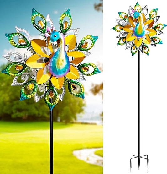 Outdoor Peacock Wind Spinners Featuring Glittering Gem Decor, 13.5" D x 65" H Double Layer Kinetic Wind Sculptures, 360° Rotatable Metal Garden Wind Spinners for Yard and Outdoor Decor Blue