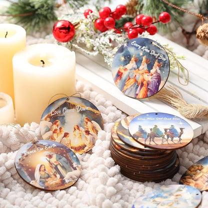 Soaoo 60 Pcs Nativity Scene Christmas Tree Ornament Christian Religious Ornaments Bulk Round Nativity Xmas Tree Hanging Wooden Decorations for Garden Yard Outdoor Home (Novel Style)