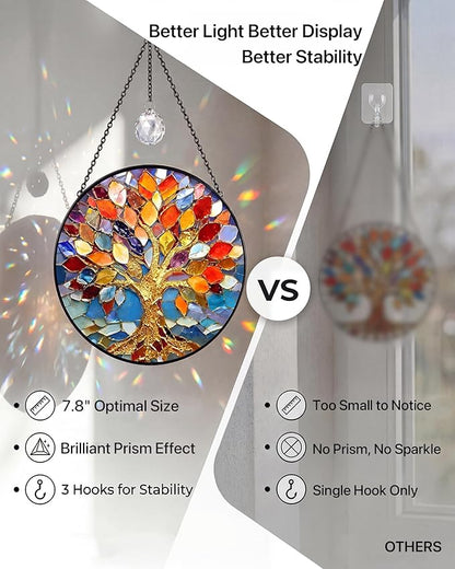 Stained Glass Window Hanging Tree of Life Sun Catcher, 7.8 Inch Suncatchers for Windows Hanging, Tree of Life Window Art Home Decor Gift for Women