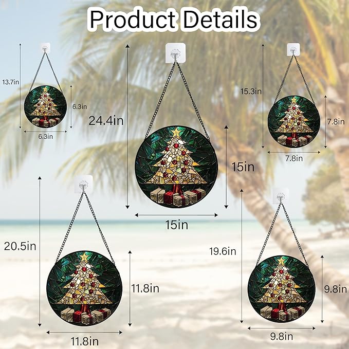 Stained Glass Window Hanging - Golden Christmas Tree Suncatcher for Doors Home Christmas Decoration Winter Sun Catcher Thanksgiving New Year Birthday Gifts for Women Men Mom Nana Girl 7.8 in