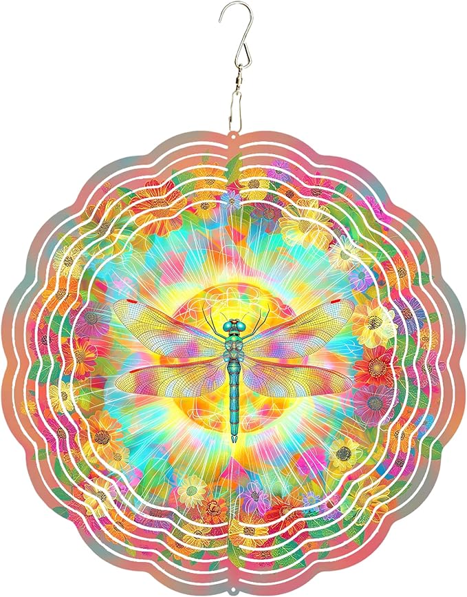 10x10 Inch Wind Spinner Outdoor Hanging Colorful Dragonfly Floral Sunburst Metal Kinetic Spiral Ornament for Yard Patio Porch Balcony Tree Window Gift